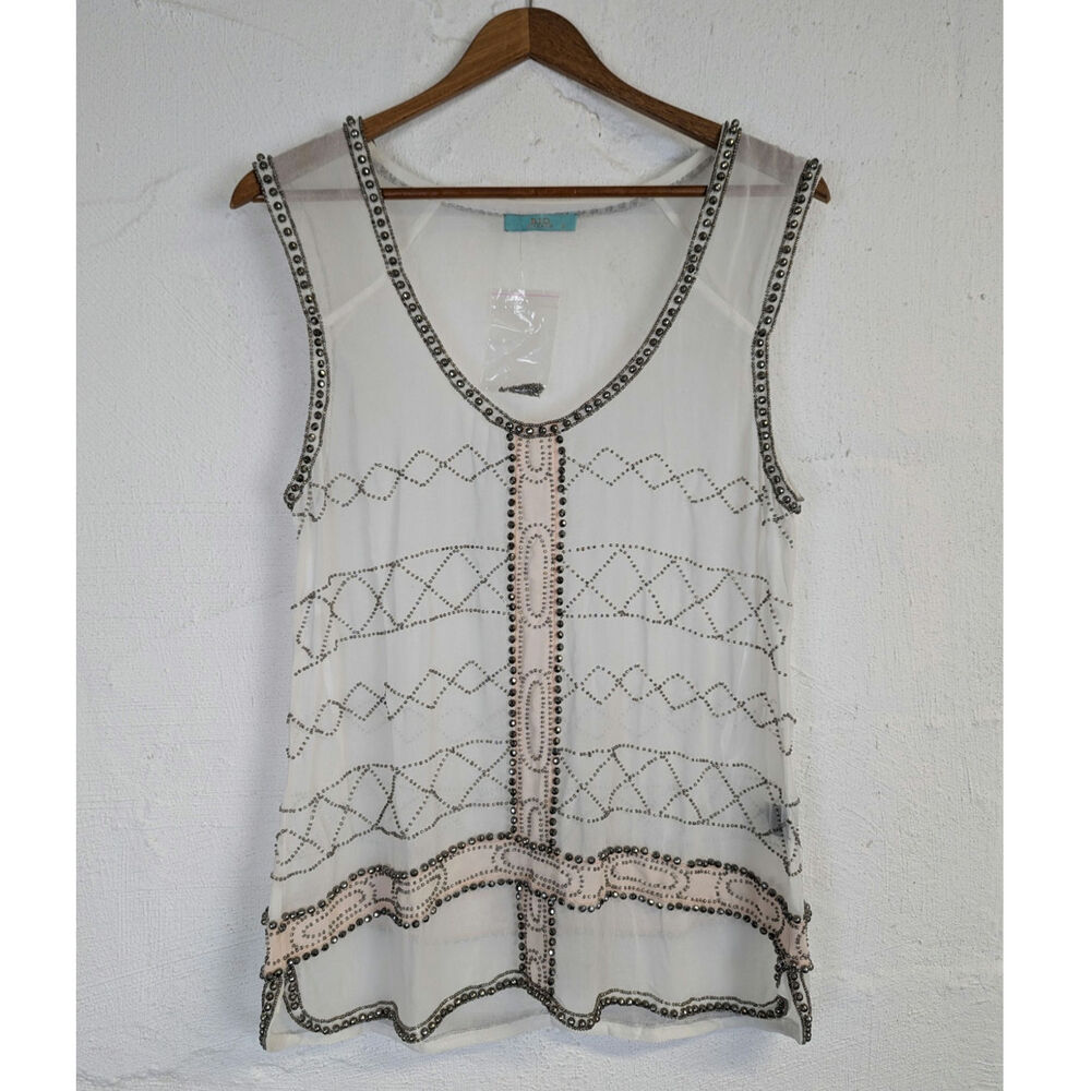 Rio Bazar Beaded Blouse White Silver Sheer Tank Top Festival Airy Ballet Small